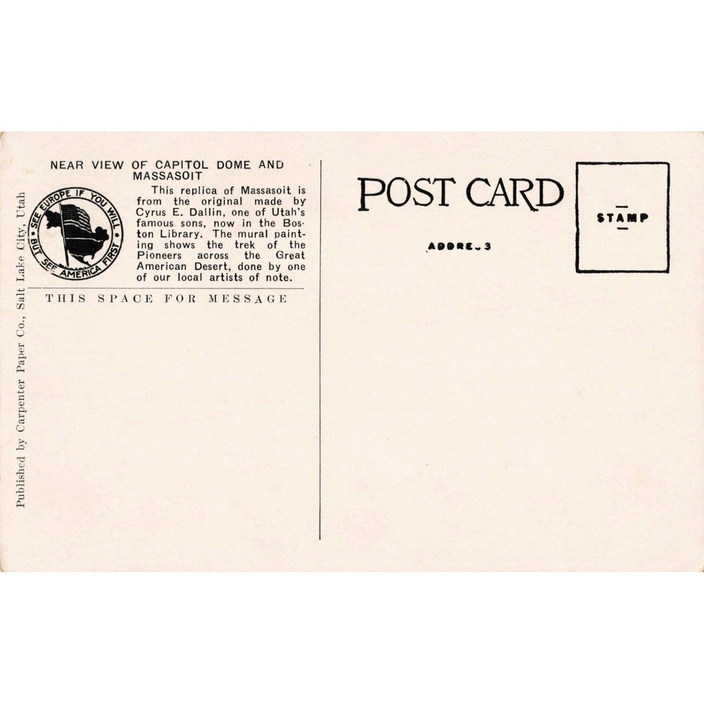 Vintage Interior Utah State Capitol Salt Lake City Massasoit Postcard 15574 - Picture 2 of 2